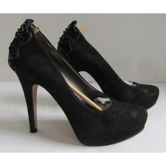 Nine West Black Suede Heels Beaded With Box Womens Size 6 - Picture 3 of 11